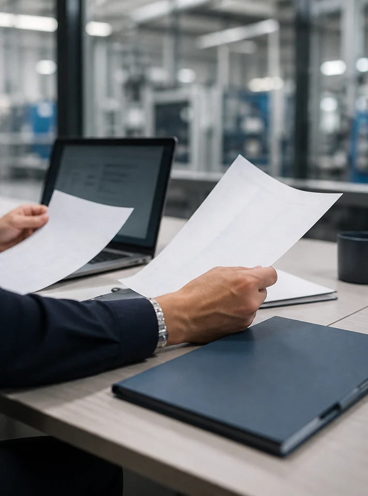 A finance professional comparing paperwork at a desk overlooking a factory.