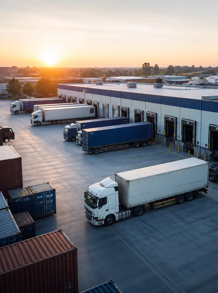Trucks and freight containers at a distribution center in early morning light.