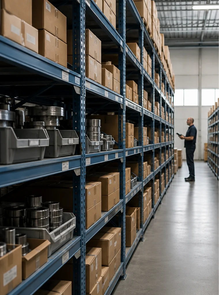 Warehouse shelves stocked with industrial parts and cartons.