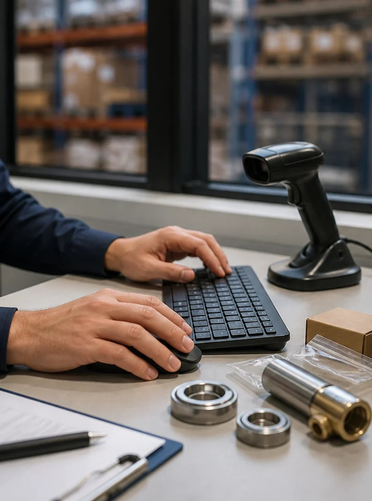 An order specialist using a keyboard beside a barcode scanner and packaged parts.