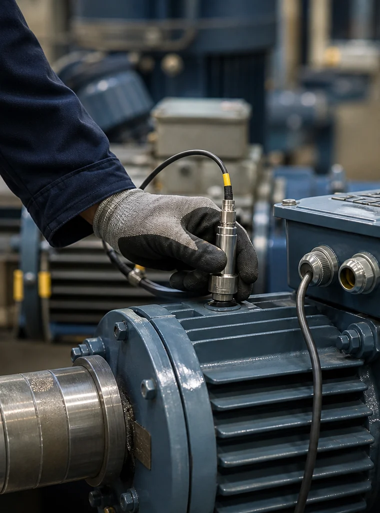 A technician checking an industrial motor with a vibration sensor.