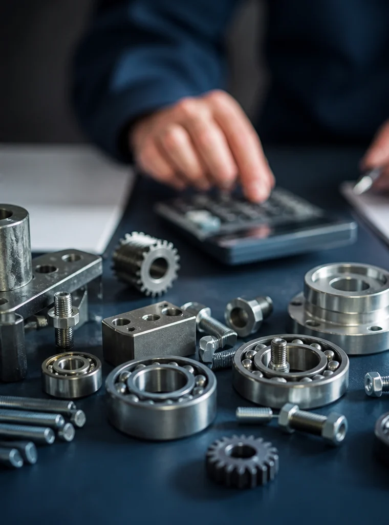 Precision metal components beside an analyst calculating product costs.