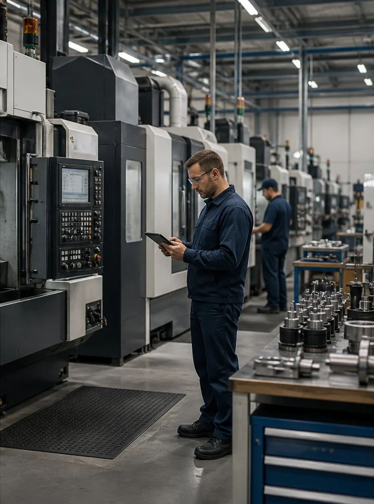 A production engineer reviewing a tablet beside a row of CNC machines.