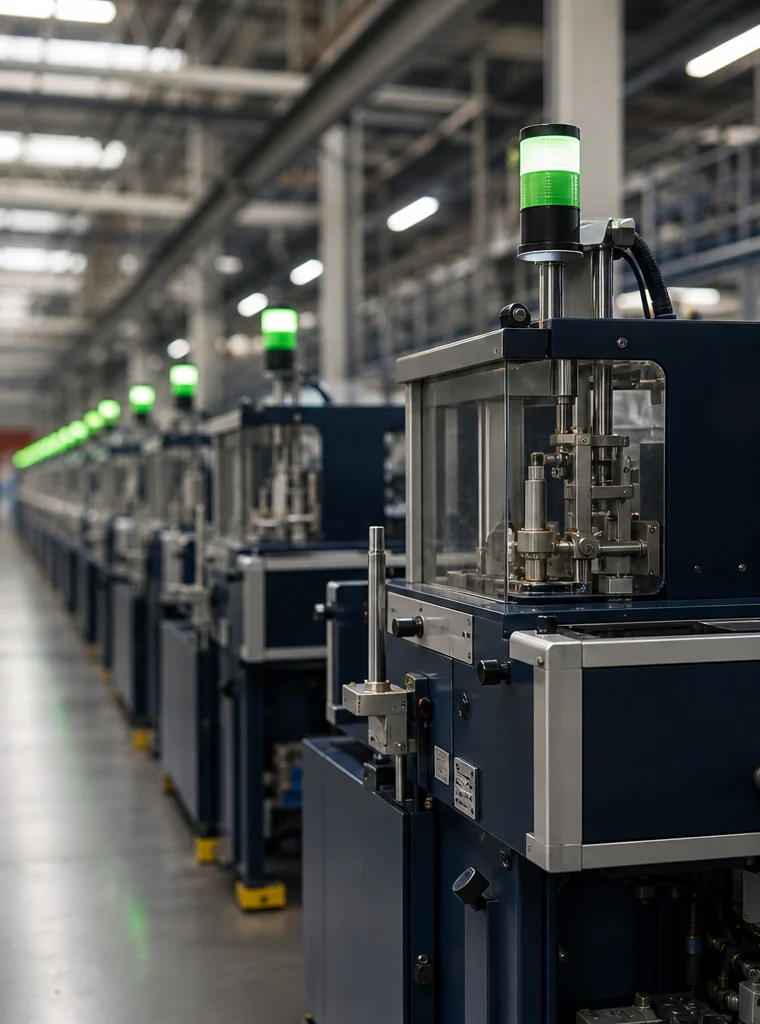 Automated manufacturing machines with green operating-status lights.